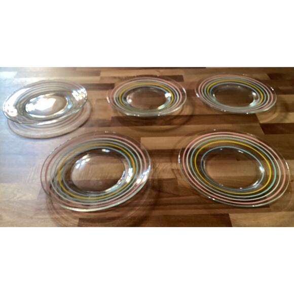 Vintage Anchor Hocking Painted Glass Striped Salad Plates Set Of 5 - Picture 2 of 9
